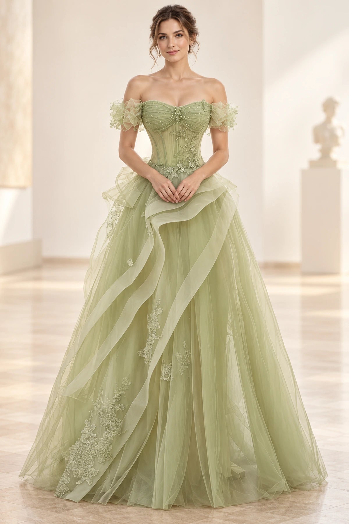 Sage green ball gown prom dress with sweetheart neckline, off-the-shoulder ruffle sleeves, beaded corset bodice, and layered tulle skirt by Graceprom.
