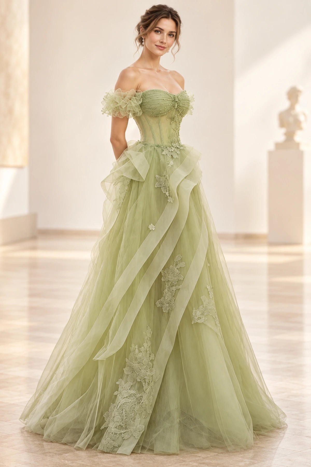 Side view of sage green princess prom dress featuring floral lace appliques, cascading tulle ruffles, off-shoulder sleeves, and a floor-length skirt.