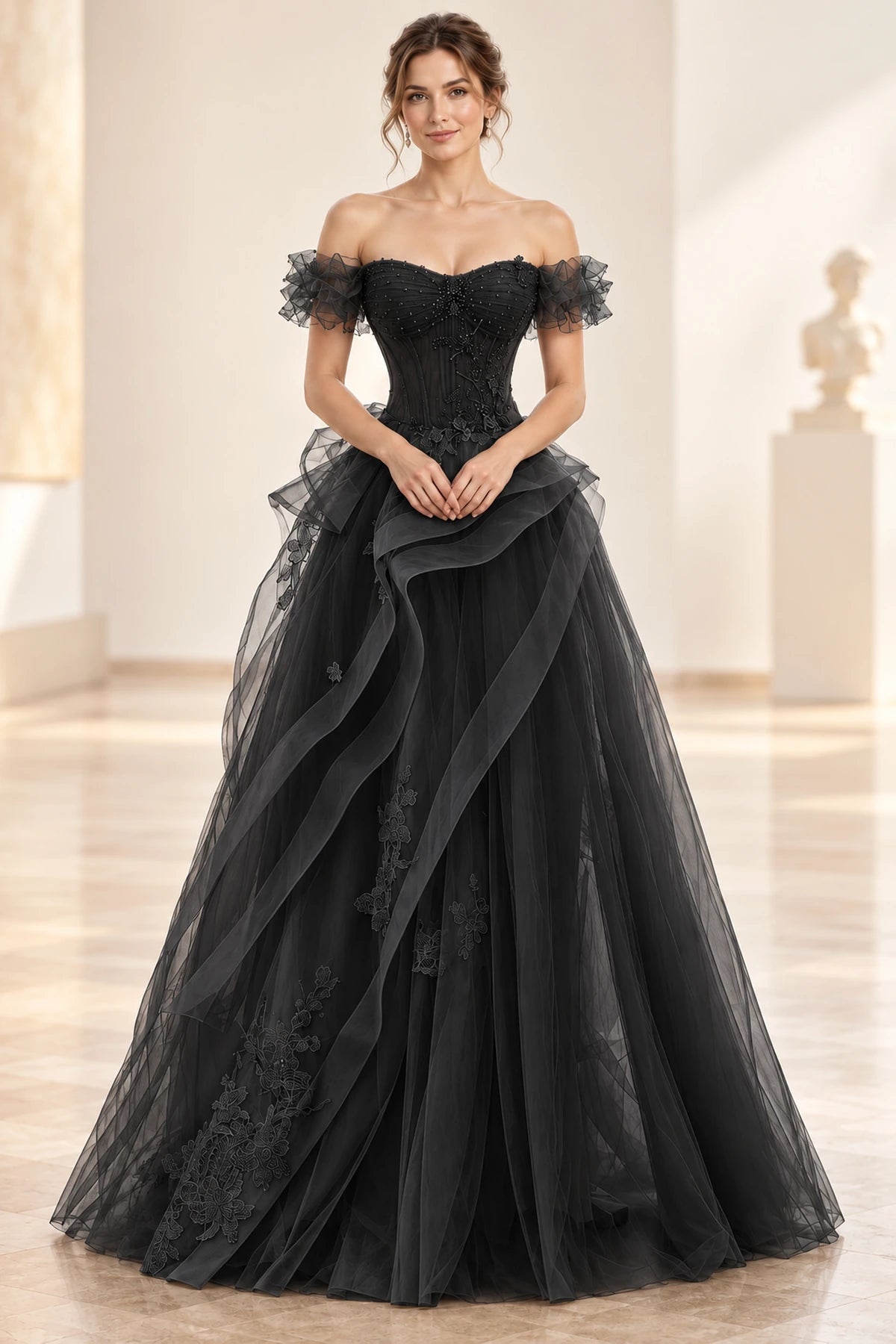 Romantic Tulle A-Line Sweetheart Off-Shoulder Short-Sleeve Floor-Length Prom Dress
