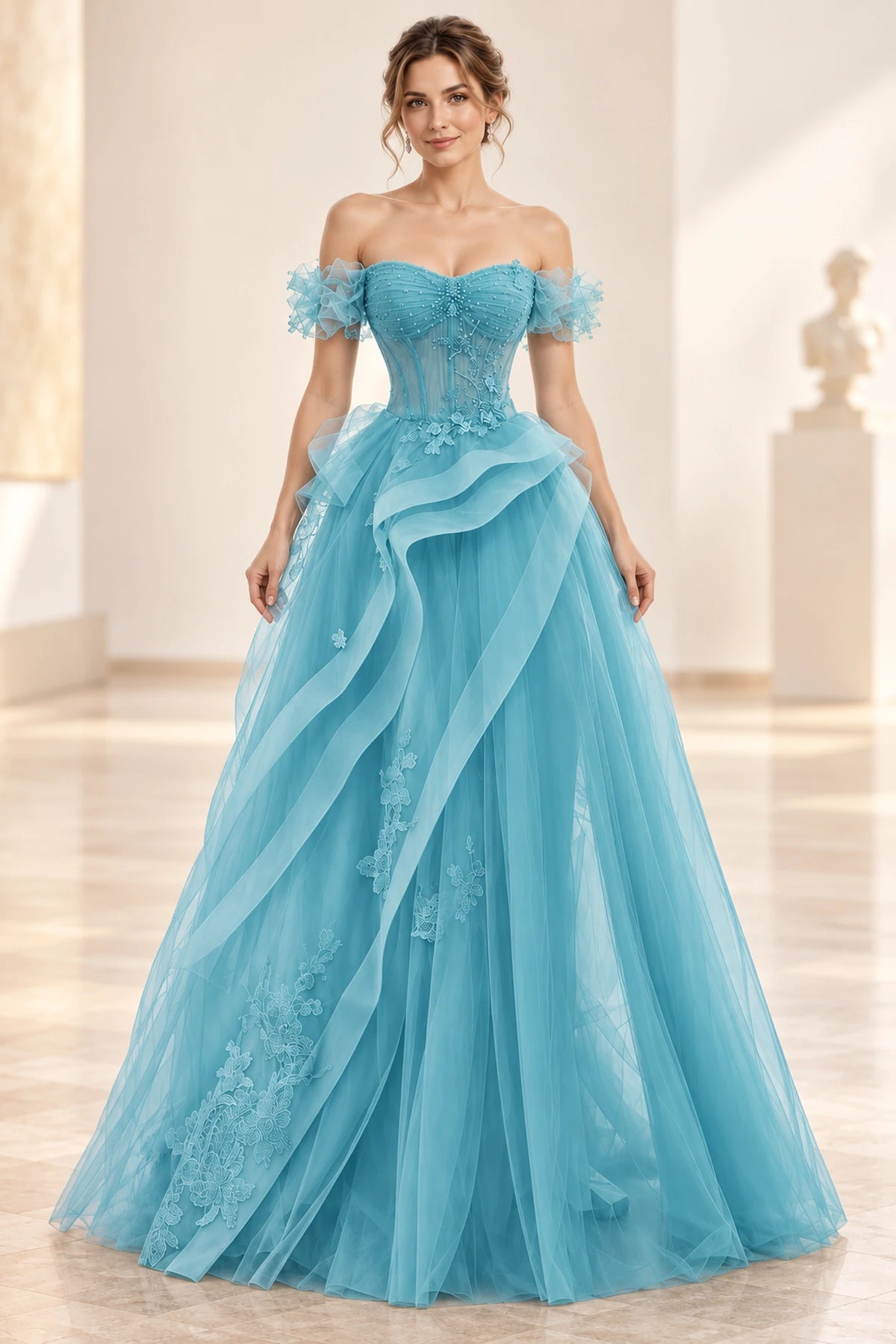 Romantic Tulle A-Line Sweetheart Off-Shoulder Short-Sleeve Floor-Length Prom Dress