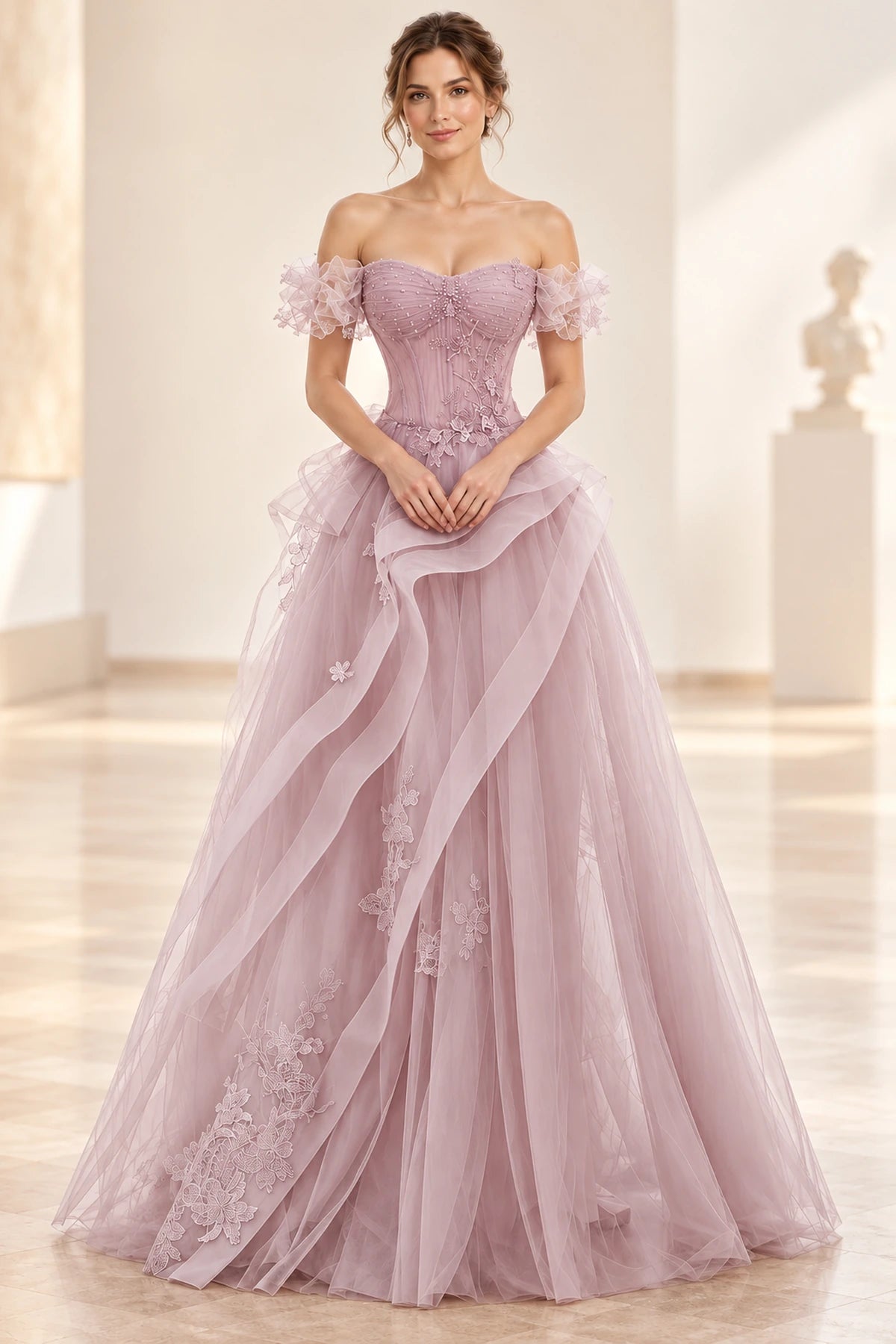 Romantic Tulle A-Line Sweetheart Off-Shoulder Short-Sleeve Floor-Length Prom Dress