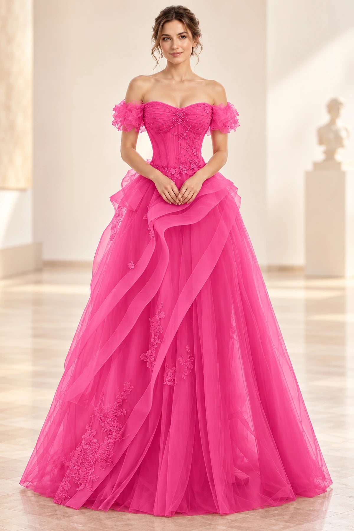 Romantic Tulle A-Line Sweetheart Off-Shoulder Short-Sleeve Floor-Length Prom Dress