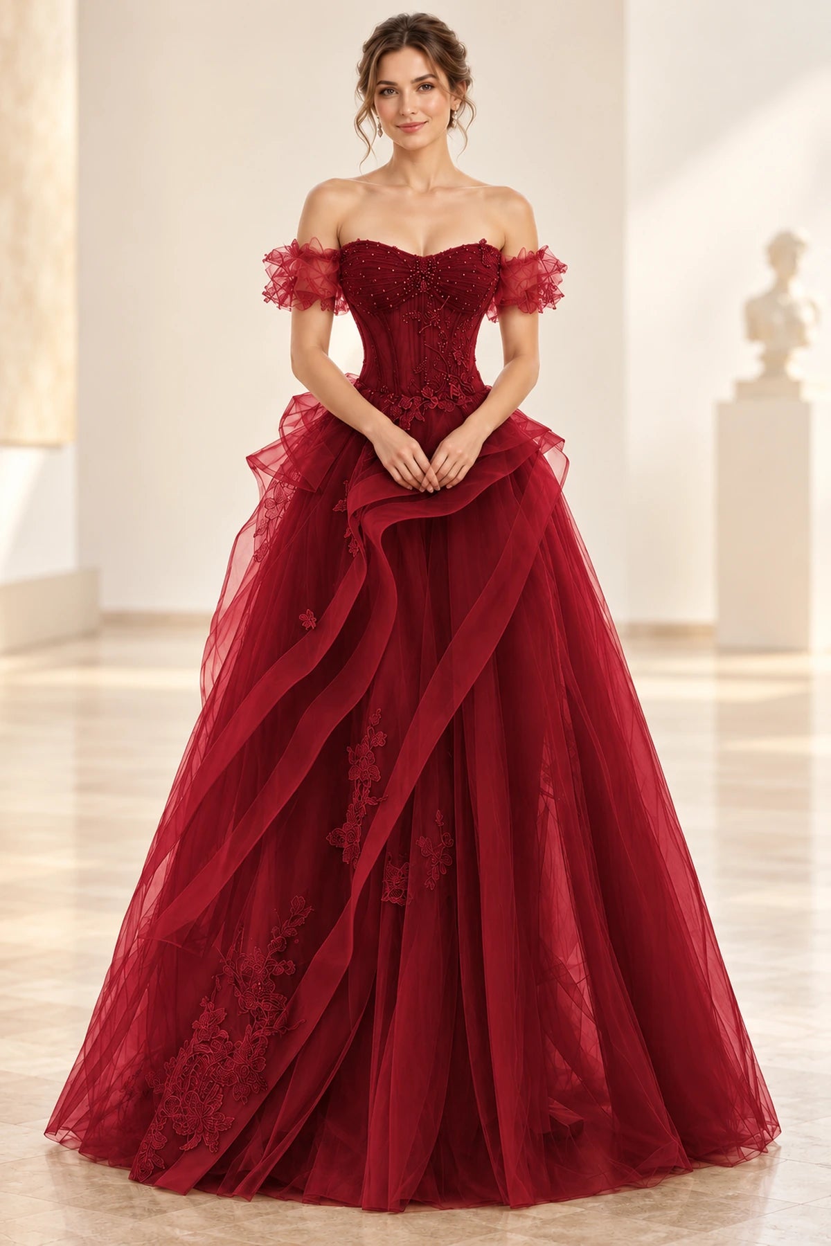 Romantic Tulle A-Line Sweetheart Off-Shoulder Short-Sleeve Floor-Length Prom Dress