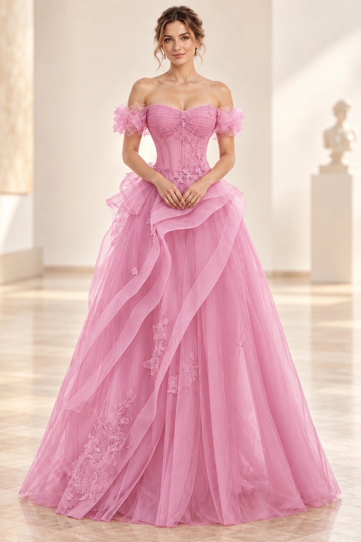 Romantic Tulle A-Line Sweetheart Off-Shoulder Short-Sleeve Floor-Length Prom Dress
