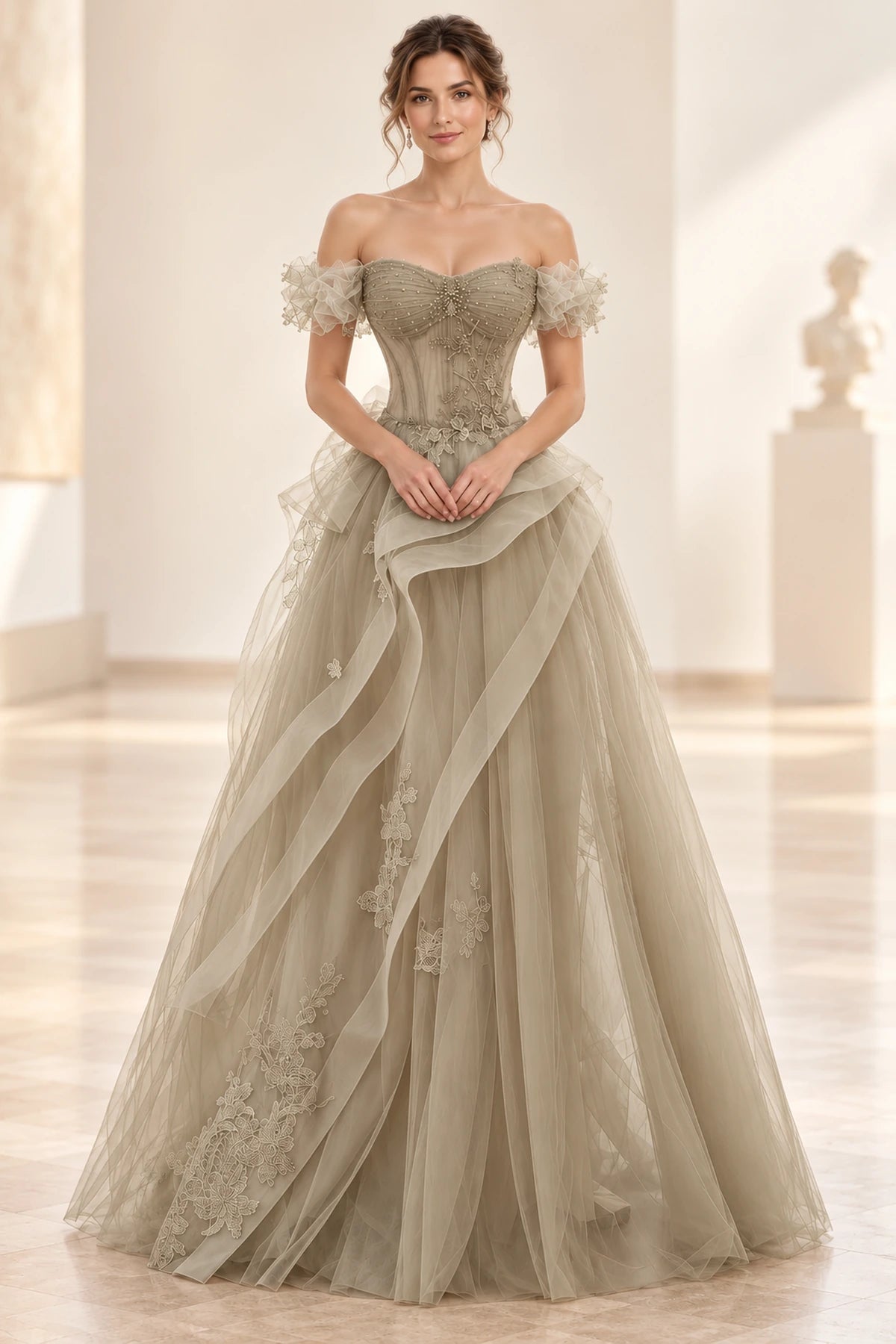 Romantic Tulle A-Line Sweetheart Off-Shoulder Short-Sleeve Floor-Length Prom Dress