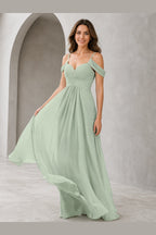 Romantic A-Line Sweetheart Off-Shoulder Spaghetti-Strap Zip-Back Long Bridesmaid Dress