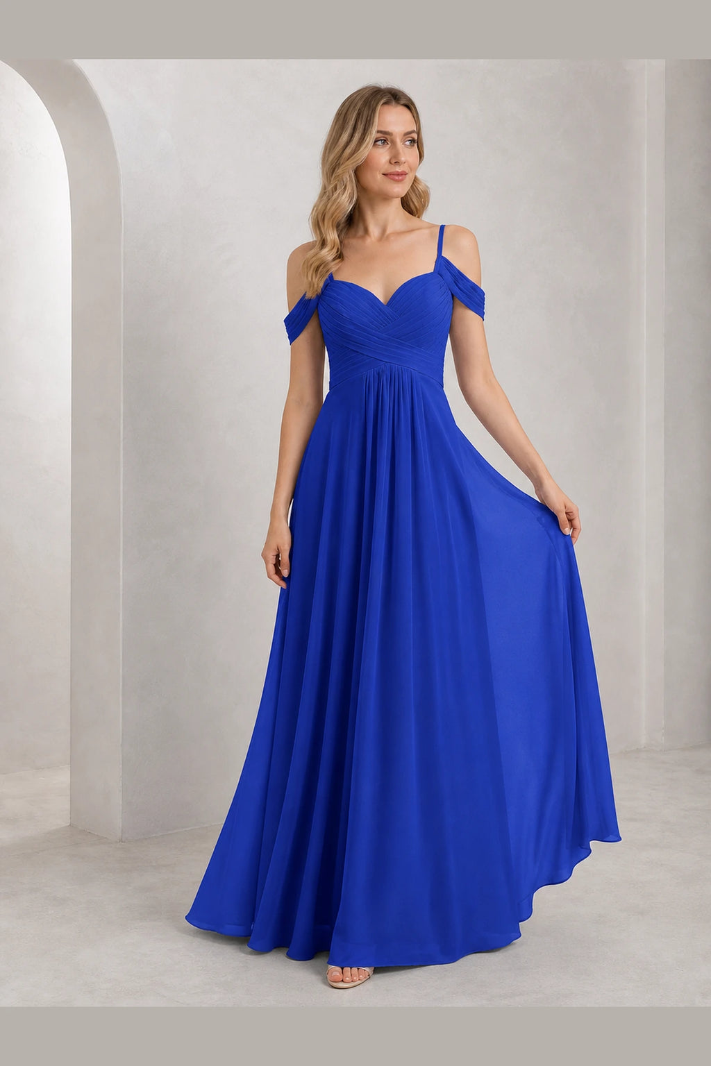 Romantic A-Line Sweetheart Off-Shoulder Spaghetti-Strap Zip-Back Long Bridesmaid Dress