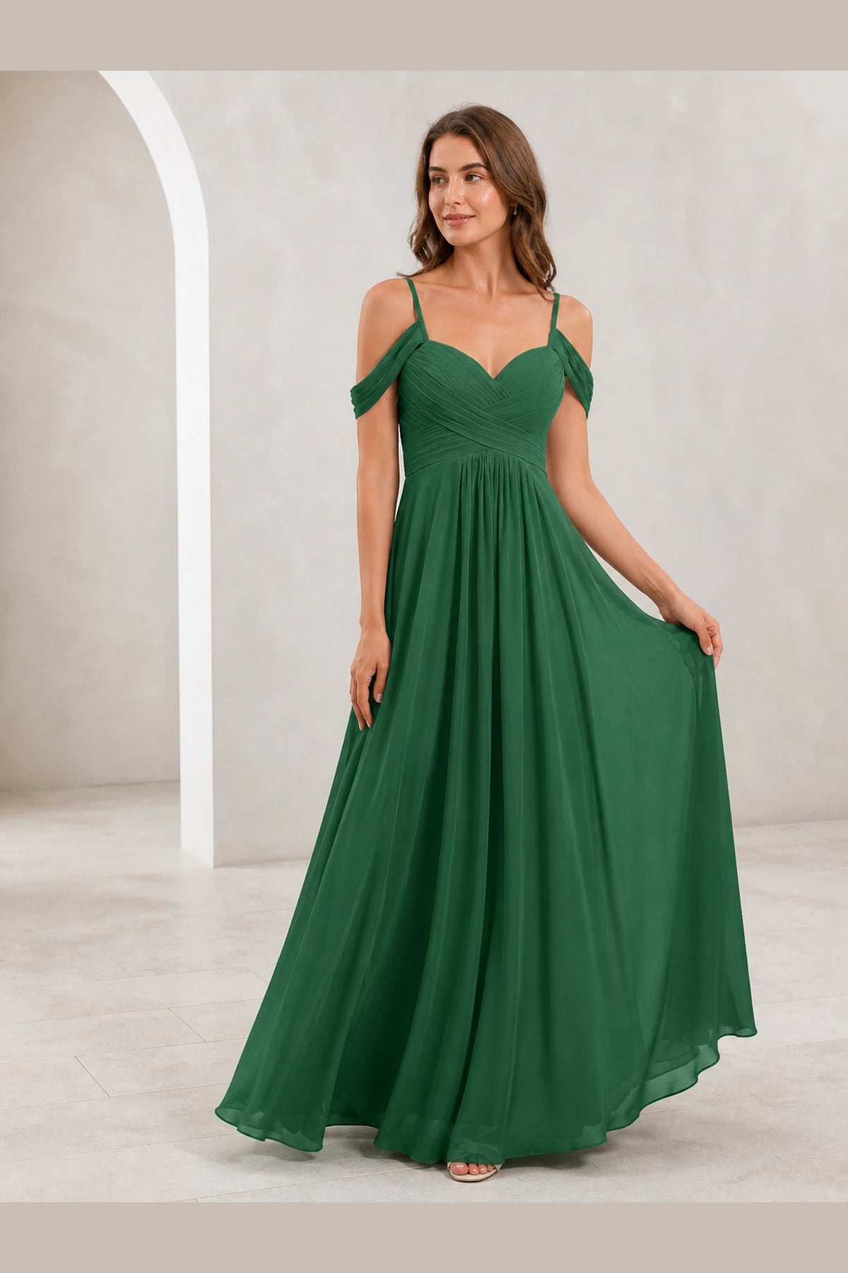 Romantic A-Line Sweetheart Off-Shoulder Spaghetti-Strap Zip-Back Long Bridesmaid Dress