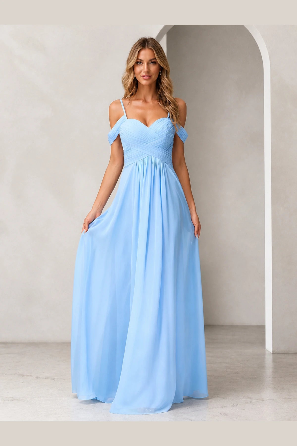 Romantic A-Line Sweetheart Off-Shoulder Spaghetti-Strap Zip-Back Long Bridesmaid Dress