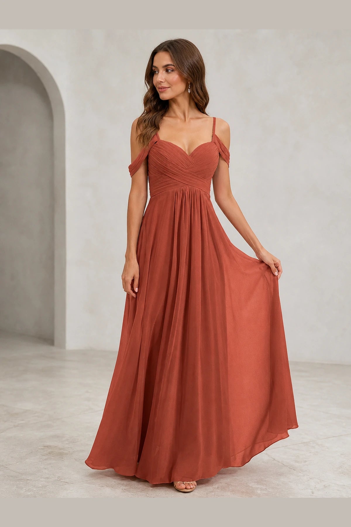 Romantic A-Line Sweetheart Off-Shoulder Spaghetti-Strap Zip-Back Long Bridesmaid Dress