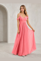 Romantic A-Line Sweetheart Off-Shoulder Spaghetti-Strap Zip-Back Long Bridesmaid Dress