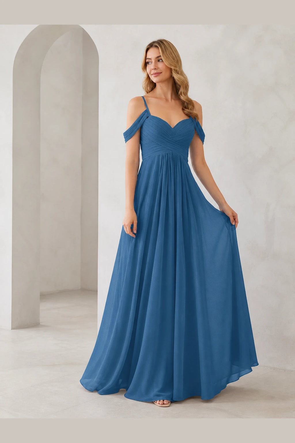 Romantic A-Line Sweetheart Off-Shoulder Spaghetti-Strap Zip-Back Long Bridesmaid Dress
