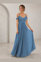 Romantic A-Line Sweetheart Off-Shoulder Spaghetti-Strap Zip-Back Long Bridesmaid Dress