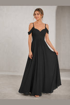 Romantic A-Line Sweetheart Off-Shoulder Spaghetti-Strap Zip-Back Long Bridesmaid Dress