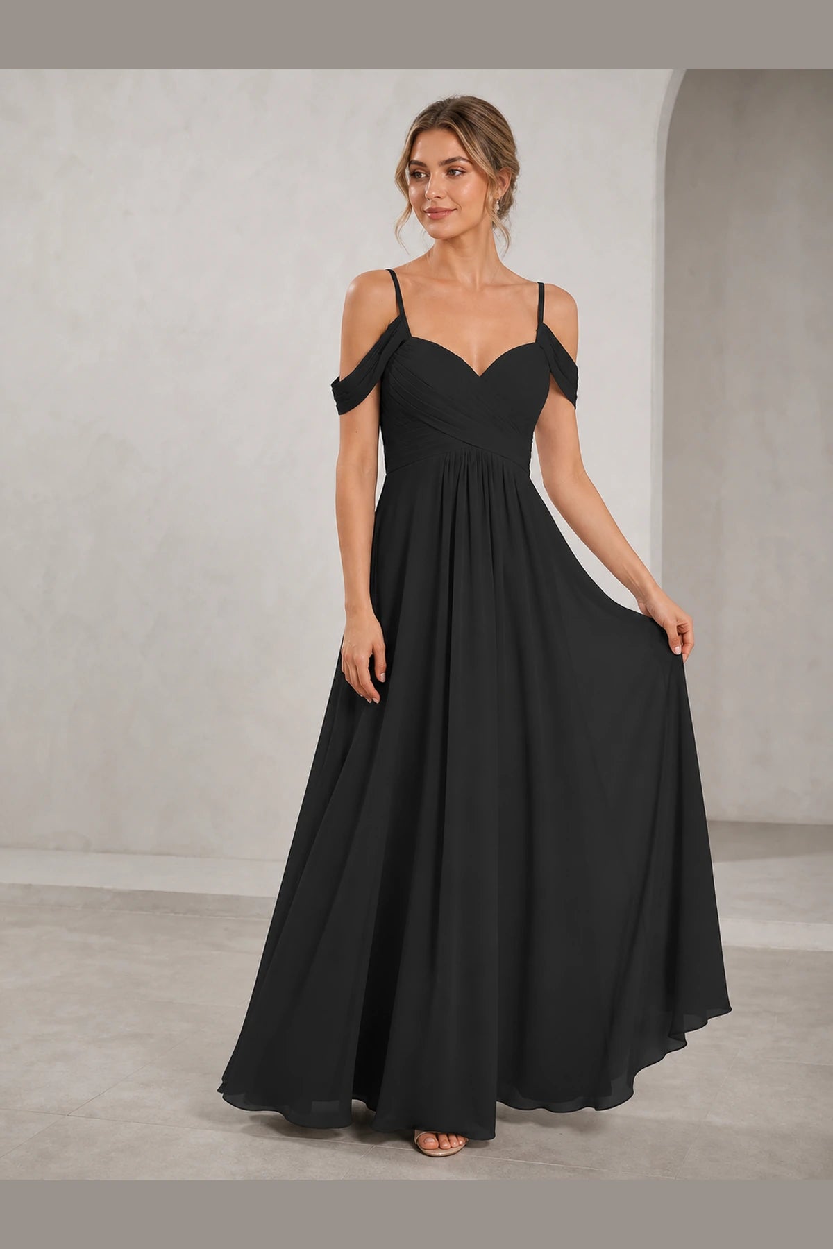 Romantic A-Line Sweetheart Off-Shoulder Spaghetti-Strap Zip-Back Long Bridesmaid Dress