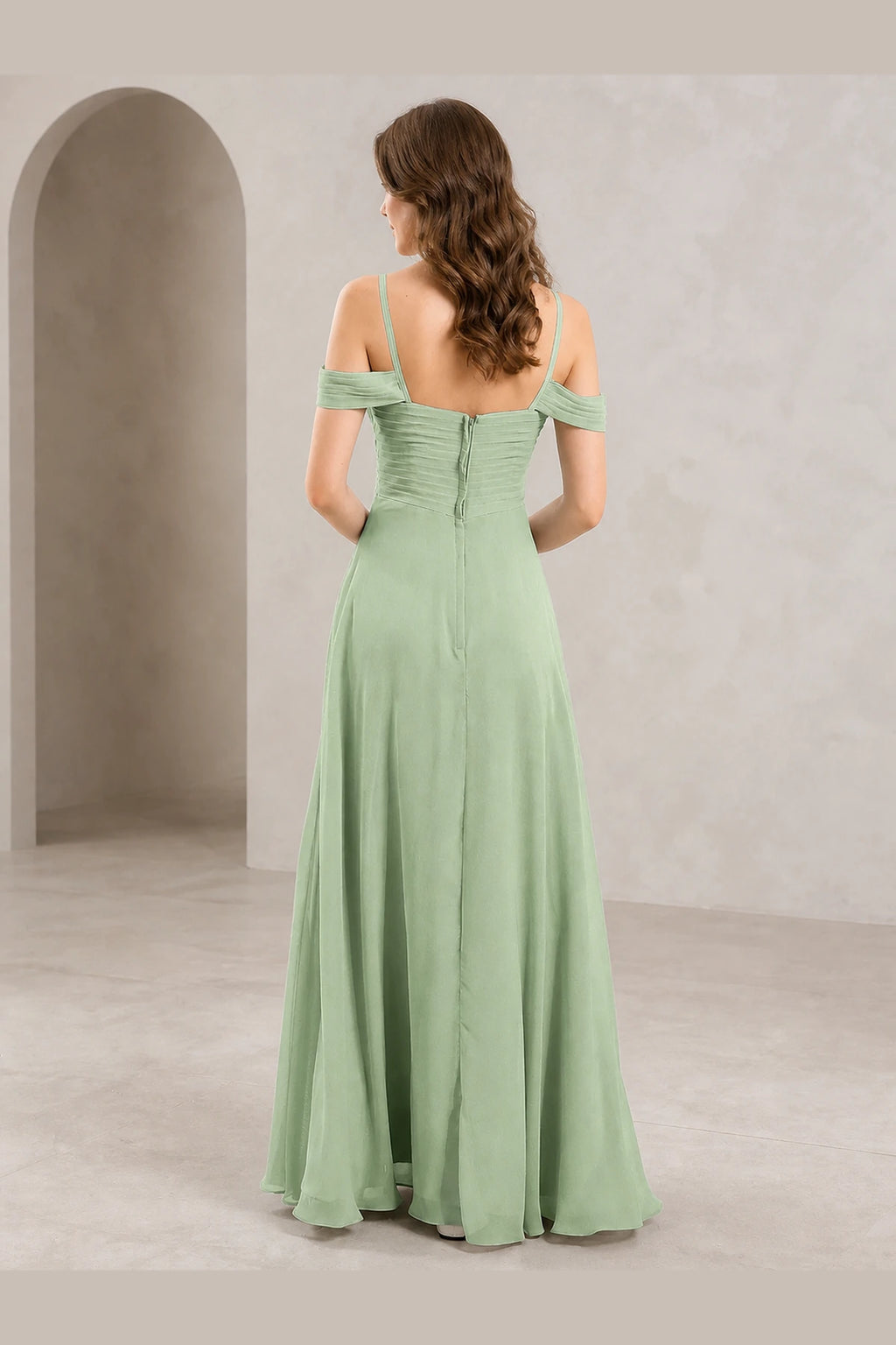 Romantic A-Line Sweetheart Off-Shoulder Spaghetti-Strap Zip-Back Long Bridesmaid Dress
