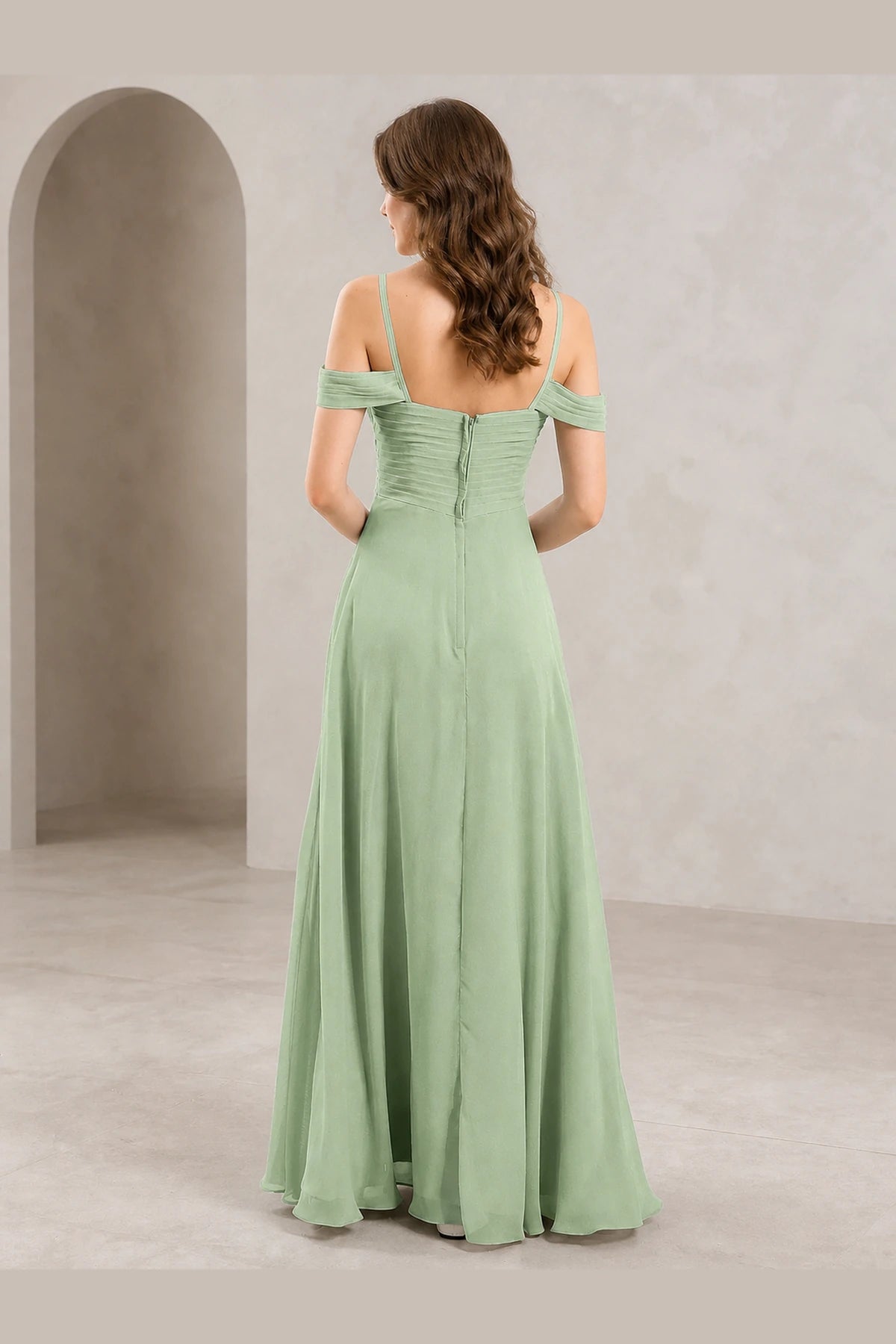 Romantic A-Line Sweetheart Off-Shoulder Spaghetti-Strap Zip-Back Long Bridesmaid Dress