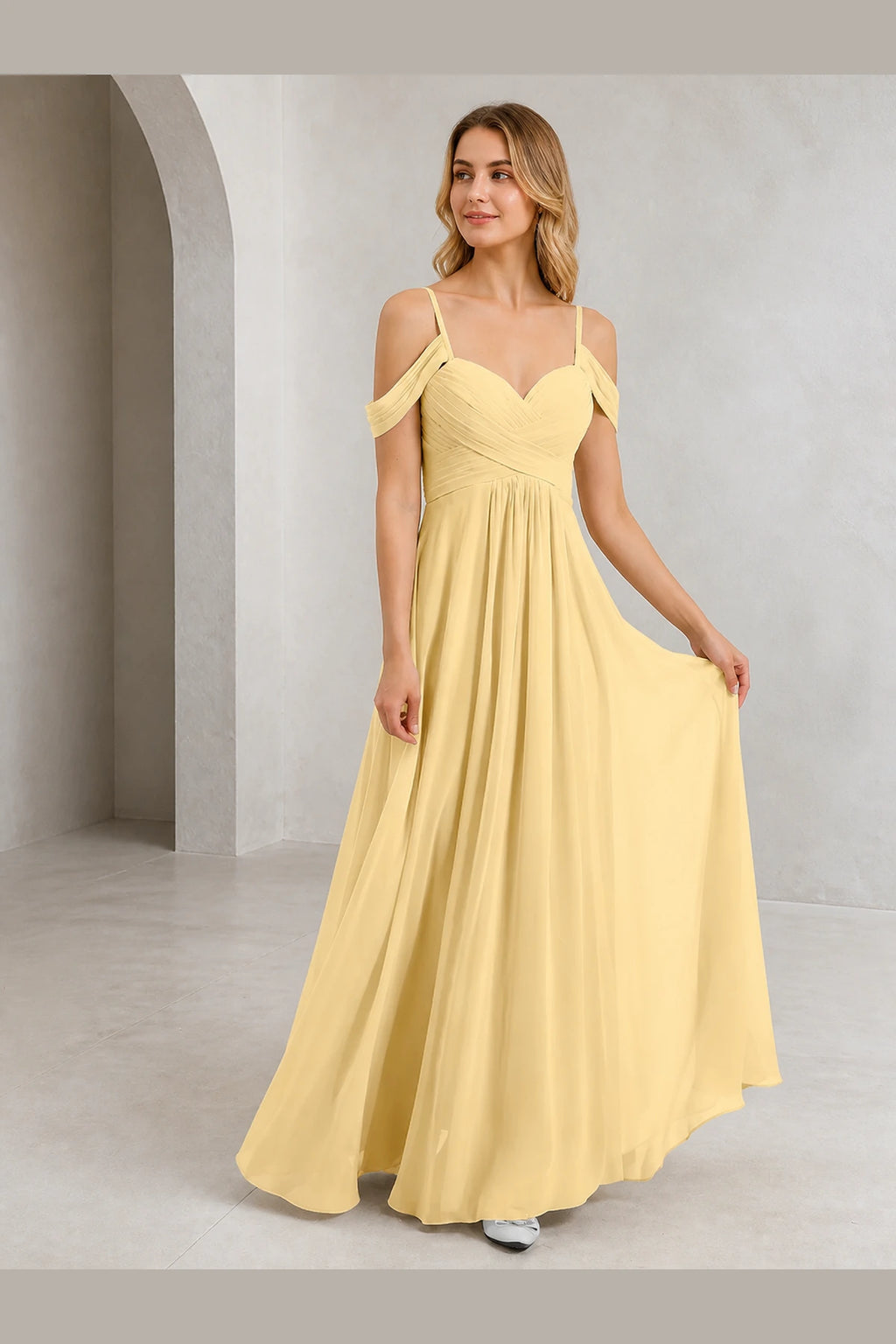Romantic A-Line Sweetheart Off-Shoulder Spaghetti-Strap Zip-Back Long Bridesmaid Dress