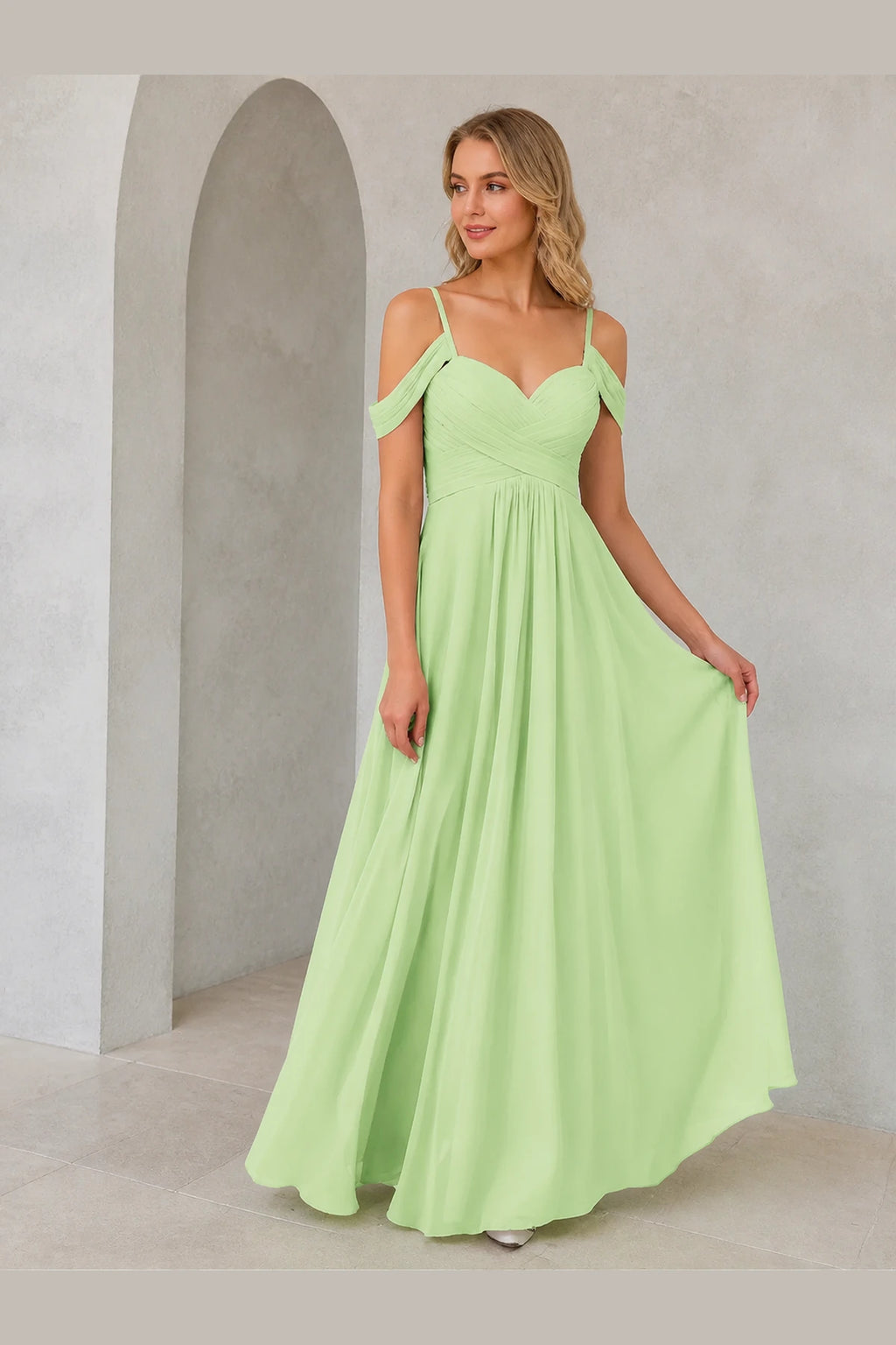 Romantic A-Line Sweetheart Off-Shoulder Spaghetti-Strap Zip-Back Long Bridesmaid Dress