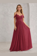 Romantic A-Line Sweetheart Off-Shoulder Spaghetti-Strap Zip-Back Long Bridesmaid Dress