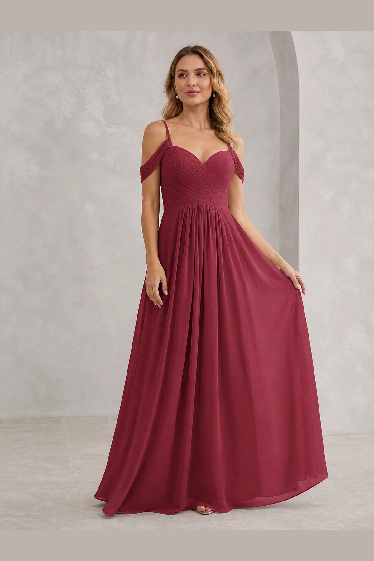 Romantic A-Line Sweetheart Off-Shoulder Spaghetti-Strap Zip-Back Long Bridesmaid Dress