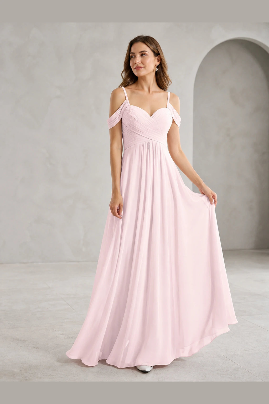 Romantic A-Line Sweetheart Off-Shoulder Spaghetti-Strap Zip-Back Long Bridesmaid Dress