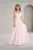 Romantic A-Line Sweetheart Off-Shoulder Spaghetti-Strap Zip-Back Long Bridesmaid Dress