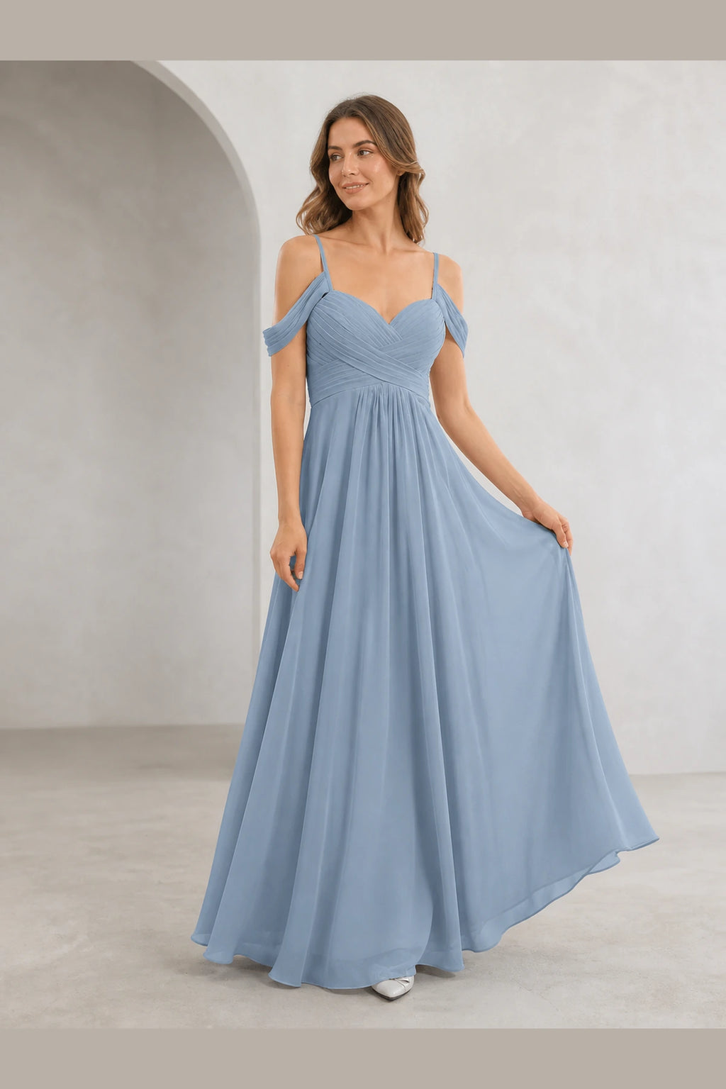 Romantic A-Line Sweetheart Off-Shoulder Spaghetti-Strap Zip-Back Long Bridesmaid Dress