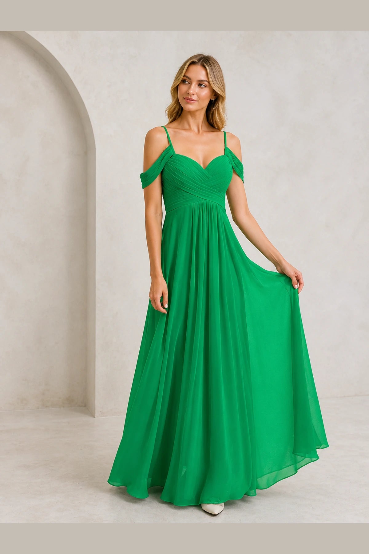 Romantic A-Line Sweetheart Off-Shoulder Spaghetti-Strap Zip-Back Long Bridesmaid Dress