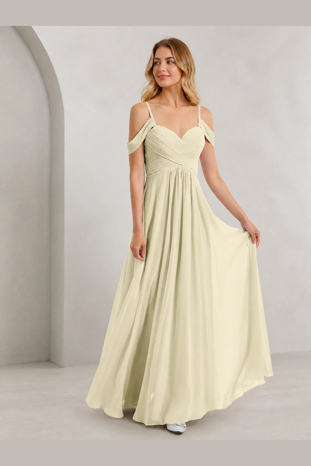 Romantic A-Line Sweetheart Off-Shoulder Spaghetti-Strap Zip-Back Long Bridesmaid Dress