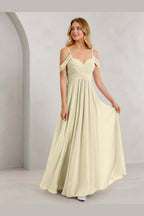 Romantic A-Line Sweetheart Off-Shoulder Spaghetti-Strap Zip-Back Long Bridesmaid Dress