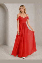 Romantic A-Line Sweetheart Off-Shoulder Spaghetti-Strap Zip-Back Long Bridesmaid Dress
