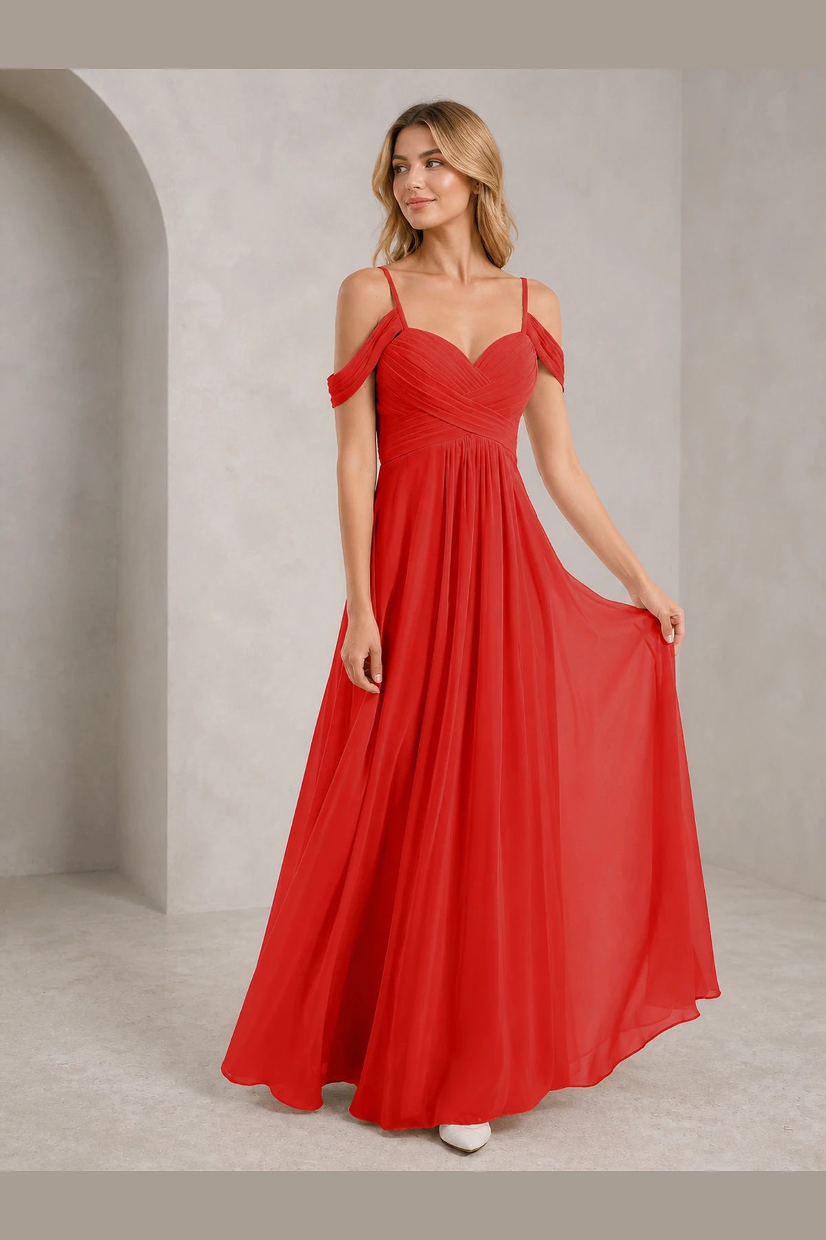 Romantic A-Line Sweetheart Off-Shoulder Spaghetti-Strap Zip-Back Long Bridesmaid Dress