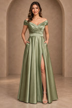 Sage green off shoulder mother of the bride dress with pleated bodice front slit and long A-line skirt