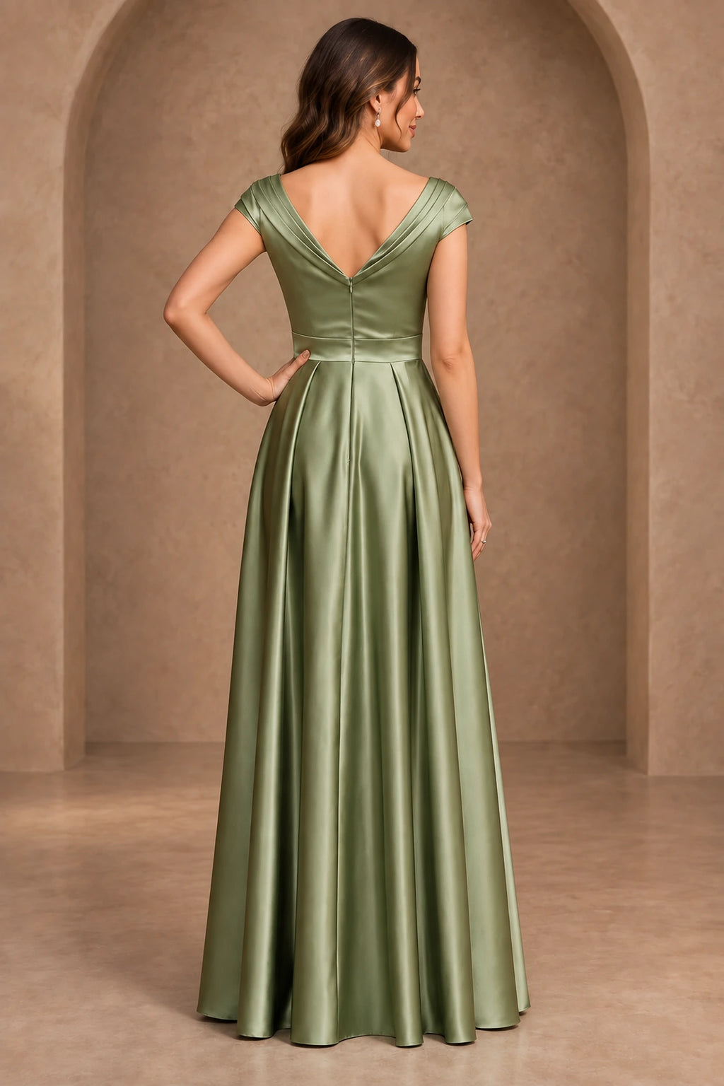 Sage green mother of the bride dress with V back zipper closure and floor length A-line skirt