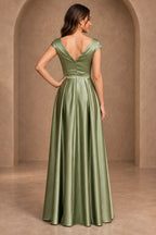 Sage green mother of the bride dress with V back zipper closure and floor length A-line skirt