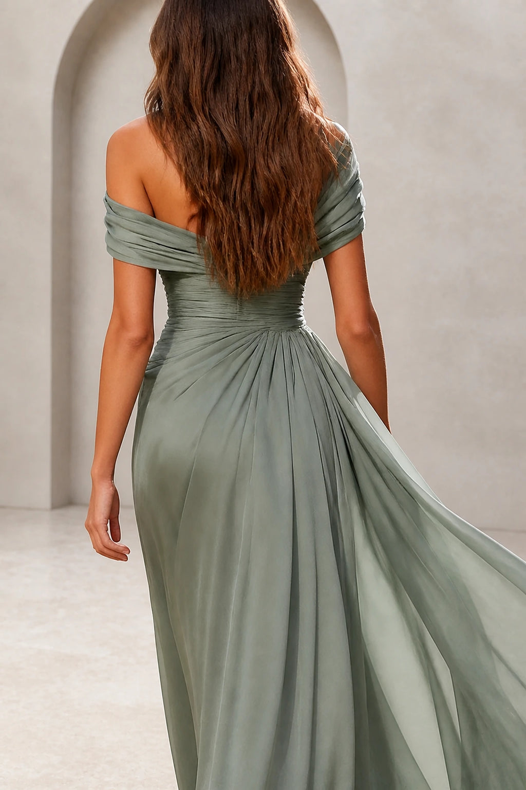 Refined A-Line One-Shoulder Draped Sleeve Low Back Floor-Length Evening Dress