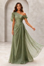 Refined A-Line One-Shoulder Draped Sleeve Low Back Floor-Length Evening Dress