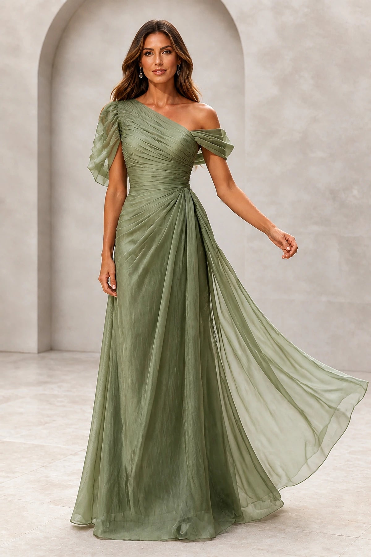 Refined A-Line One-Shoulder Draped Sleeve Low Back Floor-Length Evening Dress