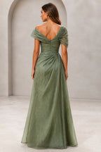 Refined A-Line One-Shoulder Draped Sleeve Low Back Floor-Length Evening Dress