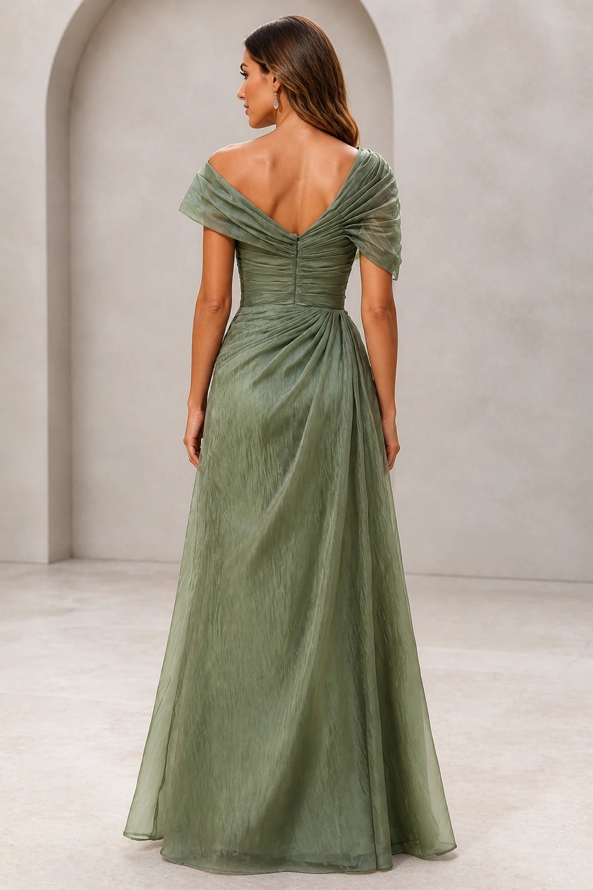 Refined A-Line One-Shoulder Draped Sleeve Low Back Floor-Length Evening Dress