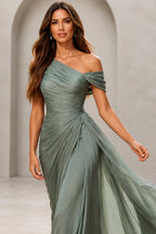 Refined A-Line One-Shoulder Draped Sleeve Low Back Floor-Length Evening Dress