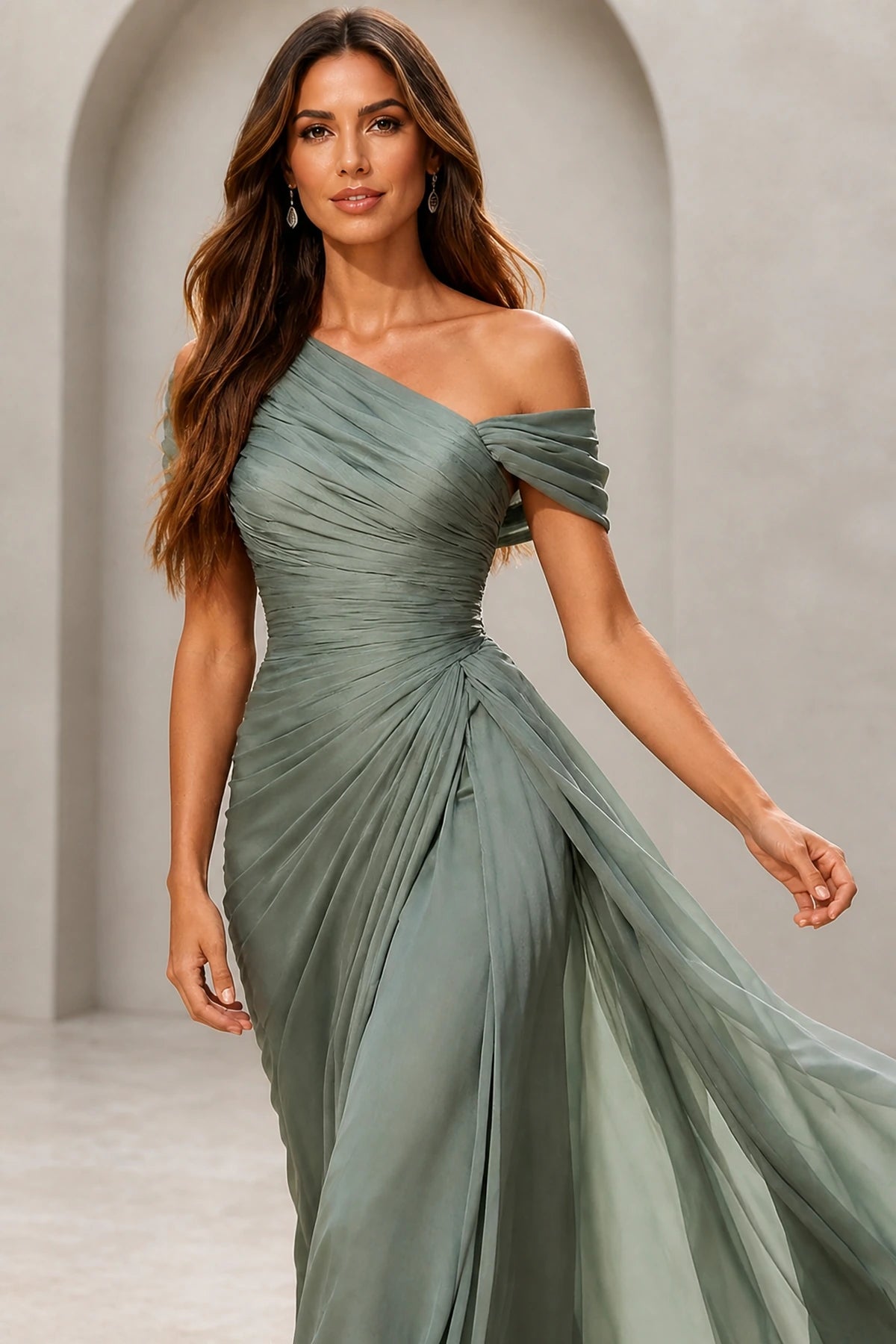 Refined A-Line One-Shoulder Draped Sleeve Low Back Floor-Length Evening Dress