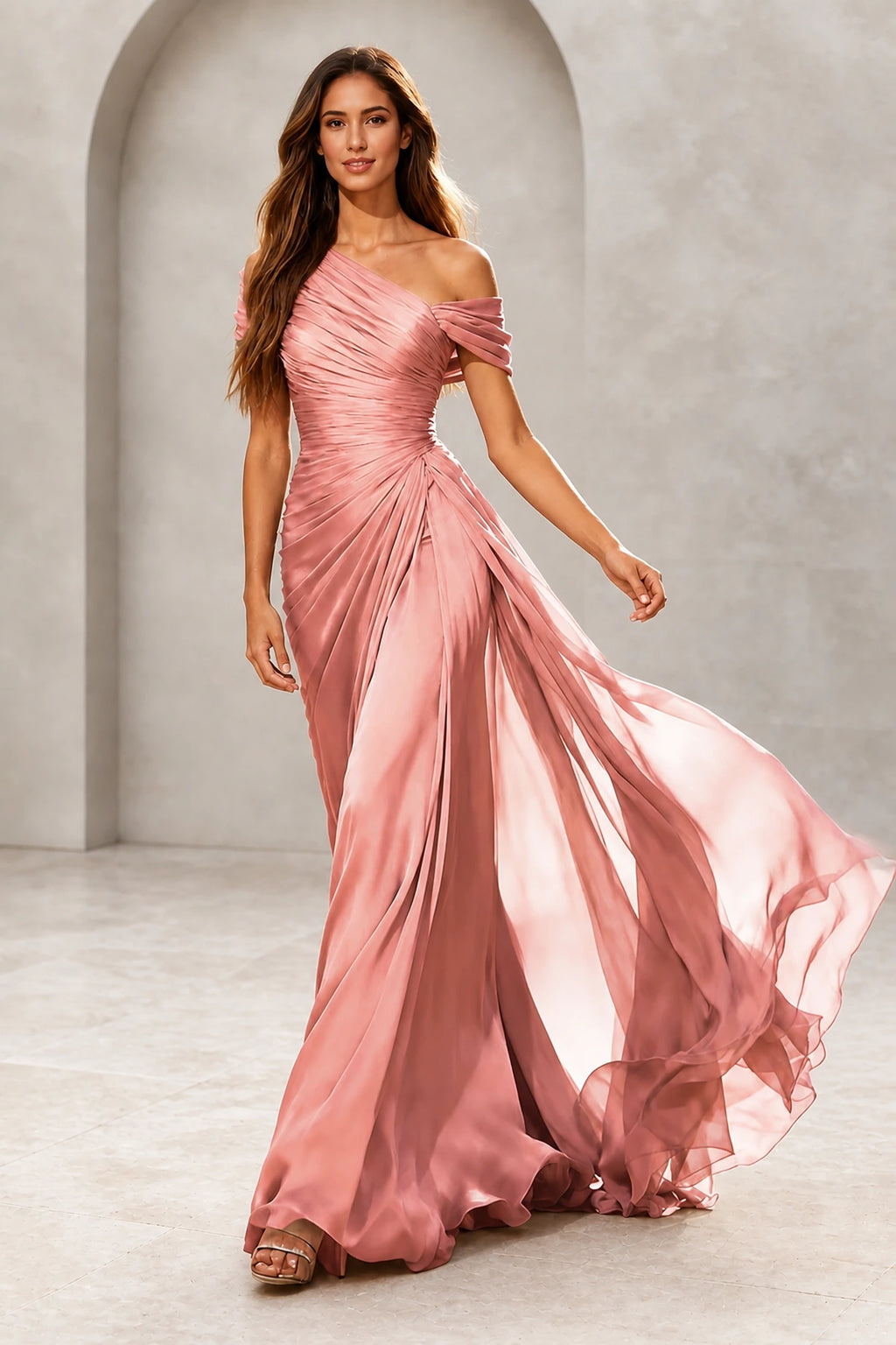 Refined A-Line One-Shoulder Draped Sleeve Low Back Floor-Length Evening Dress