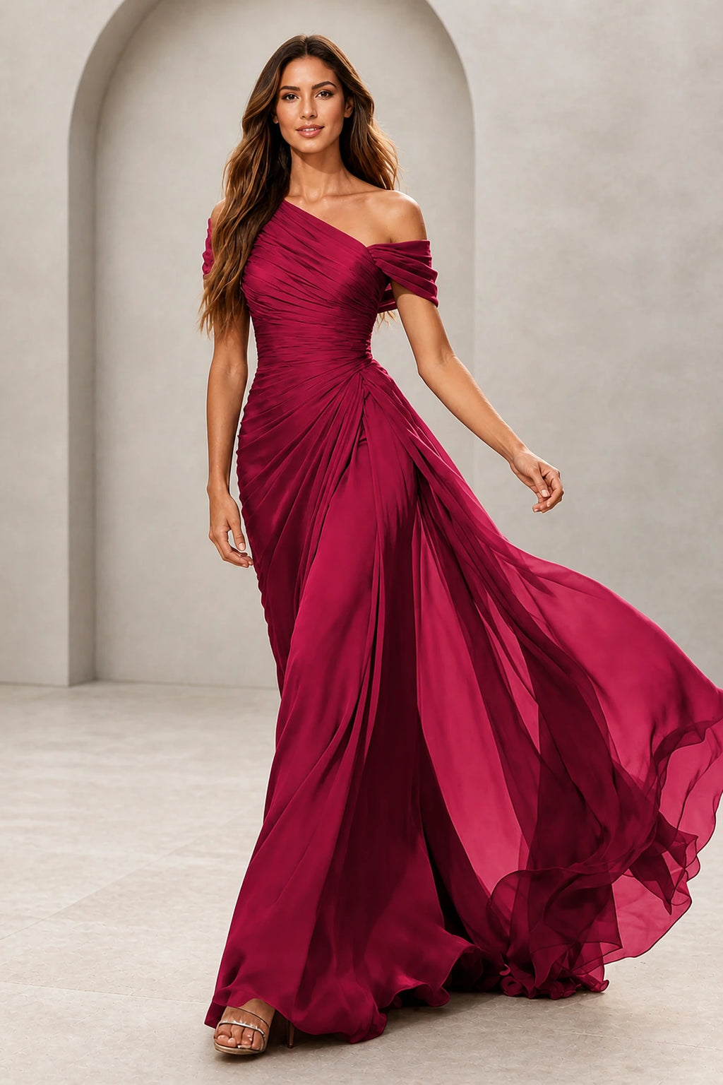 Refined A-Line One-Shoulder Draped Sleeve Low Back Floor-Length Evening Dress