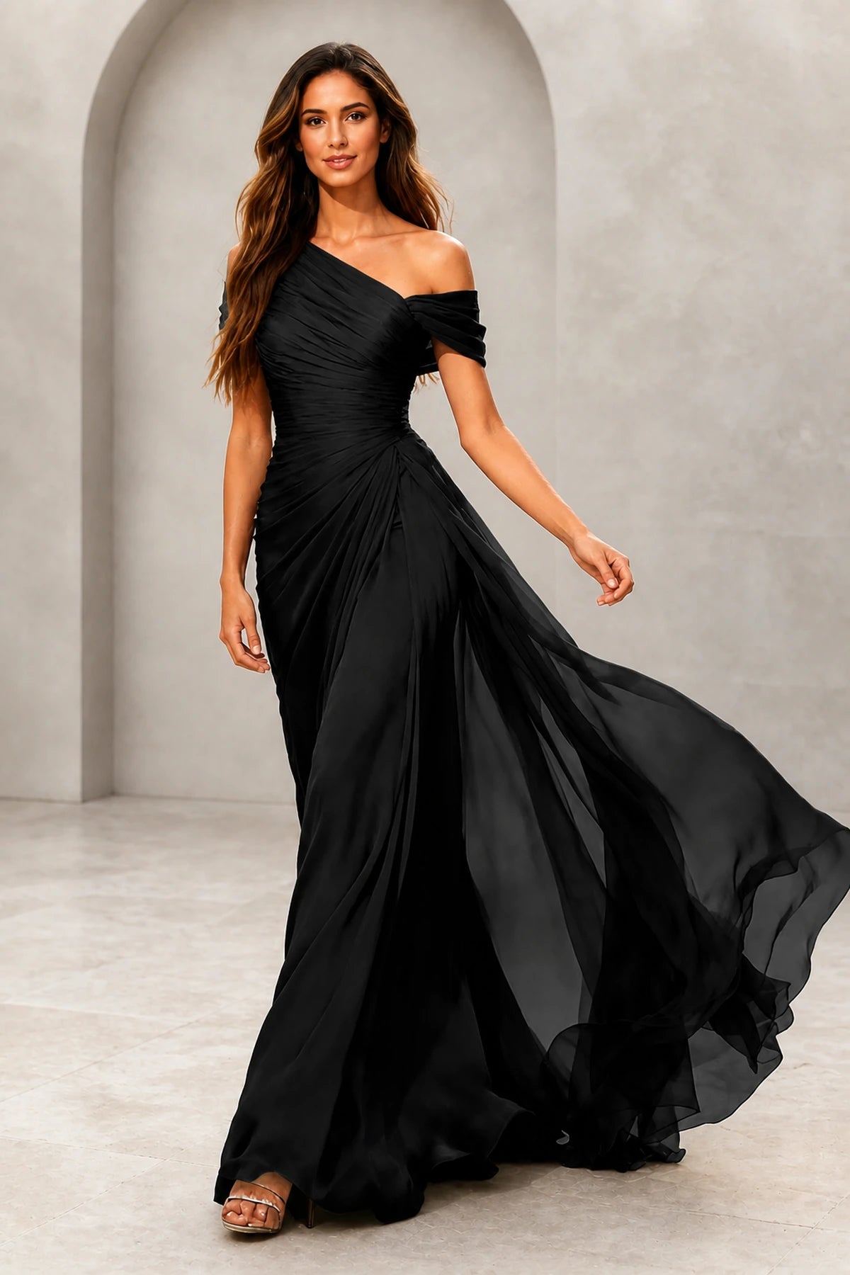 Refined A-Line One-Shoulder Draped Sleeve Low Back Floor-Length Evening Dress
