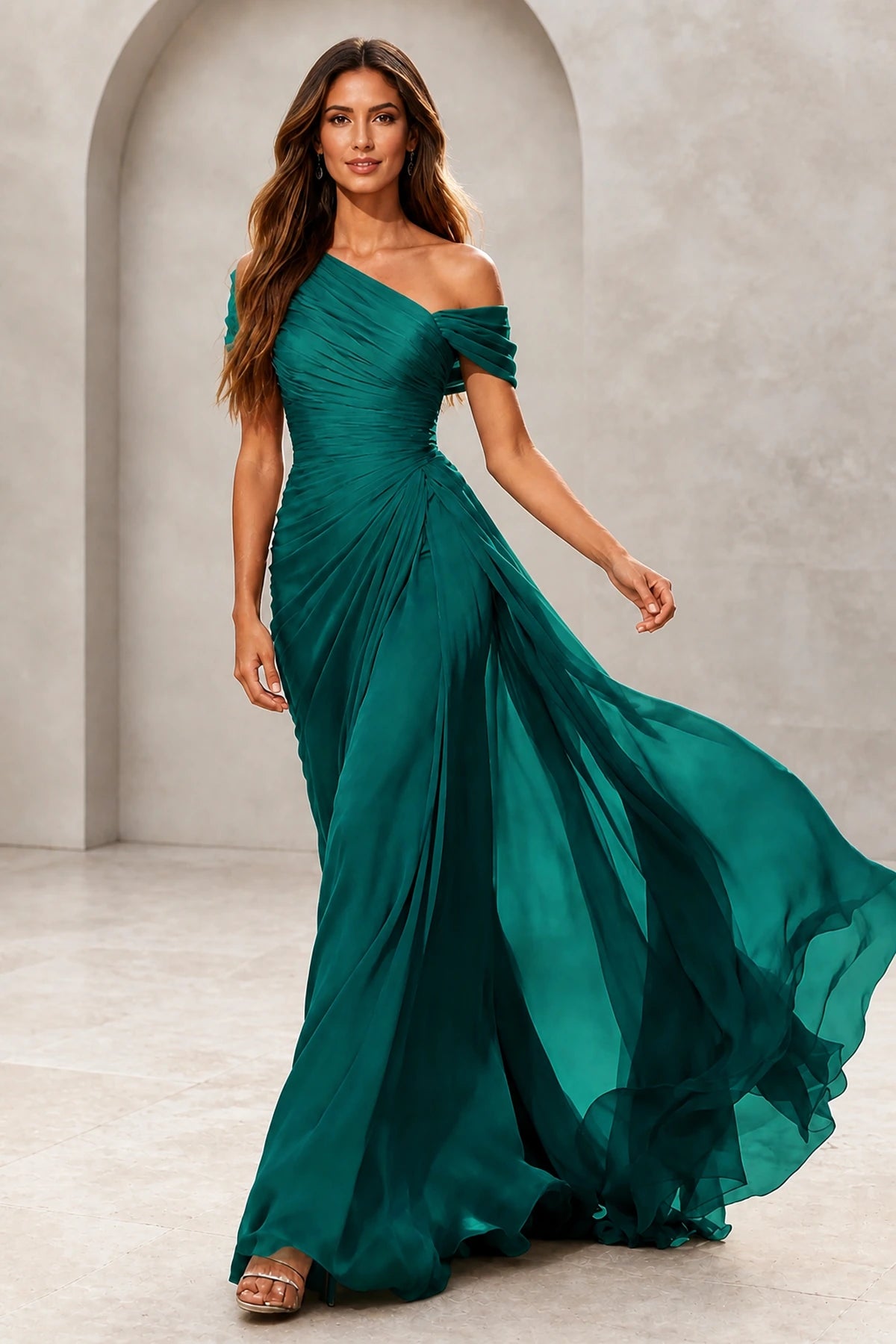 Refined A-Line One-Shoulder Draped Sleeve Low Back Floor-Length Evening Dress