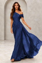 Refined A-Line One-Shoulder Draped Sleeve Low Back Floor-Length Evening Dress