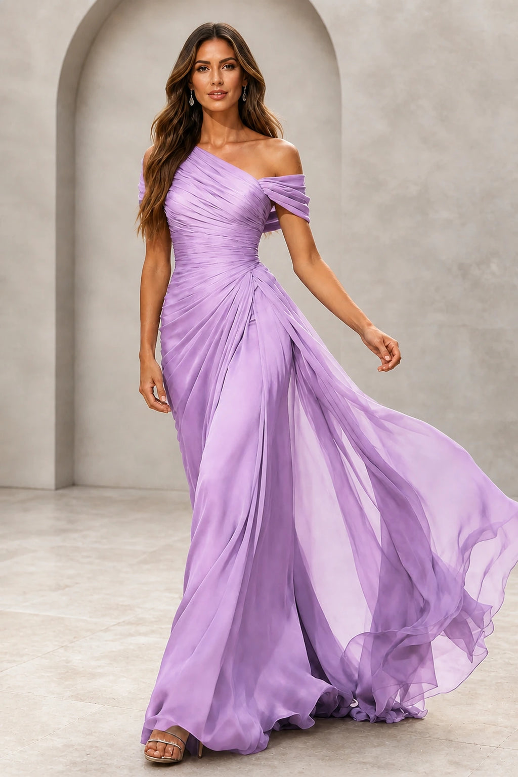 Refined A-Line One-Shoulder Draped Sleeve Low Back Floor-Length Evening Dress