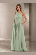Sage green one shoulder A-line bridesmaid dress with floral detail and open back by Vedress